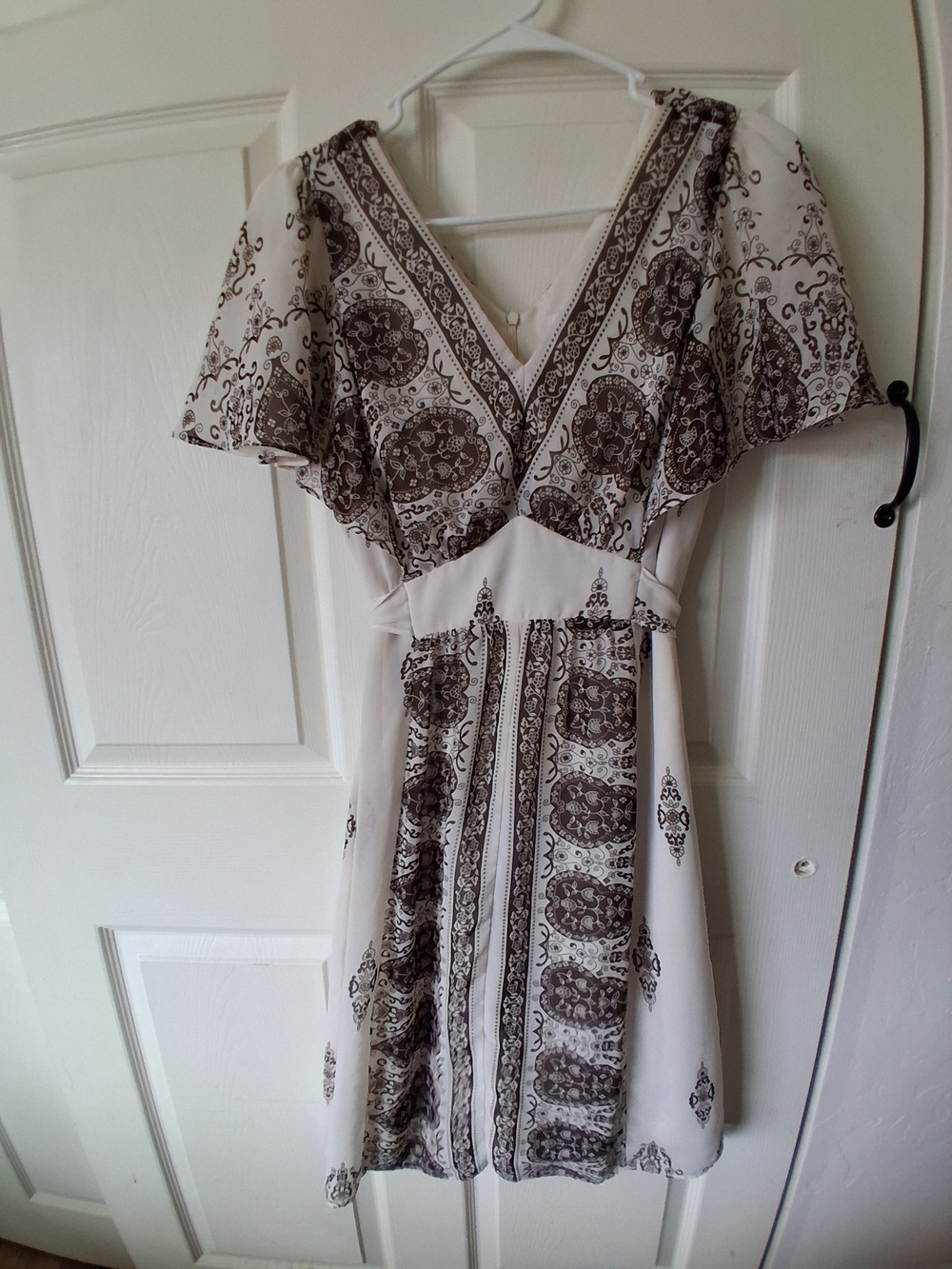 dressbarn Cream Dress with Brown Paisley Print V-Neck
